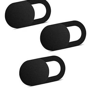 May include: Three black webcam covers with a sliding mechanism. Each cover features a circular, textured slider and a curved handle for easy use. These covers are designed to protect user privacy.