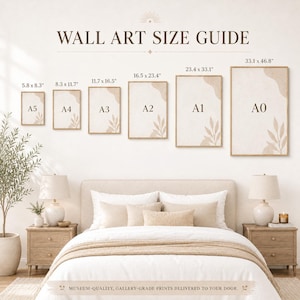 May include: A wall art size guide chart displaying six rectangular frames labeled A5 through A0 with dimensions in inches ranging from 5.8 by 8.3 to 33.1 by 46.8. Each frame contains a beige abstract botanical print with leaf illustrations.