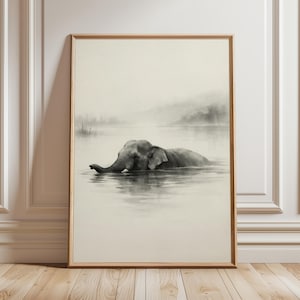 Japanese Elephant Print, Sumi E Wall Art, Minimal Elephant Painting, Zen Animal Art, Neutral Japandi Decor, Ink Wash Print