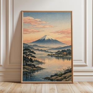 Mount Fuji Japanese Wall Art Print, Ukiyo-e Landscape Poster, Vintage Japan Lake Scene, Zen Decor, Sunrise Mountain Artwork
