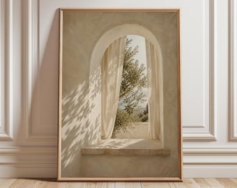 Mediterranean Window Wall Art, Arched Olive Tree Print, Neutral Coastal Villa Decor, Japandi Beige Window Poster