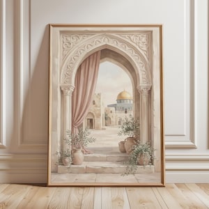 Al Aqsa Archway Wall Art, Dome of the Rock Print, Palestine Islamic Decor, Soft Neutral Islamic Artwork, Blush Middle East Art