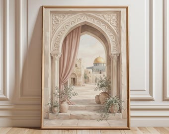 Al Aqsa Archway Wall Art, Dome of the Rock Print, Palestine Islamic Decor, Soft Neutral Islamic Artwork, Blush Middle East Art