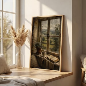 May include: A framed artwork depicts a window scene with a view of a green landscape. A small potted plant, a cup, and an open book sit on the windowsill. The artwork is in a light wooden frame, and the scene is bathed in soft light.