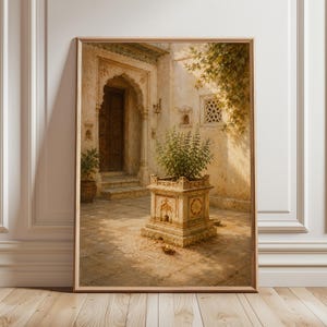 Indian Courtyard Wall Art Print, Tulsi Plant Painting, Traditional Indian Home Decor, Spiritual Fine Art, Neutral Vintage Architecture Print