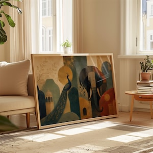 May include: A rectangular framed wall art print featuring a stylized illustration of a peacock and an elephant. The artwork uses a warm color palette of gold, deep blue, and terracotta, depicting architectural elements and natural motifs.