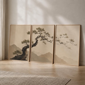Set med 3 japanska väggkonsttryck, Japandi tallträdstriptyk, neutralt zenlandskap, Wabi Sabi-dekor, minimalistisk asiatisk konst