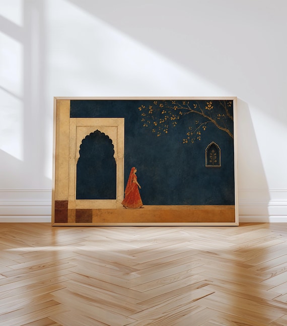 Rajasthani Woman Wall Art Print, Indigo Indian Palace Print, Mughal Arch Courtyard Artwork, Horizontal South Asian Decor, Landscape Poster