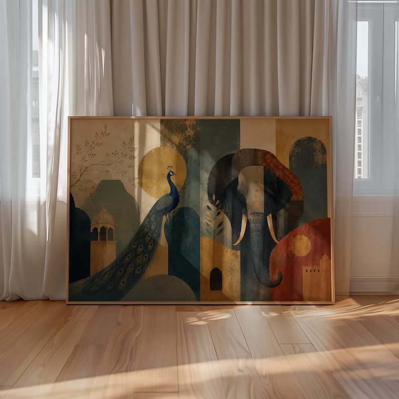 May include: A rectangular wall art print featuring a stylized illustration of a peacock and an elephant. The composition uses a palette of deep blue, gold, ochre, and terracotta tones, depicting architectural elements and a large circular sun.