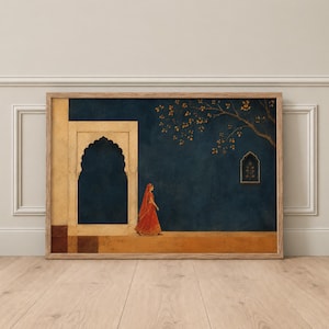 May include: A framed wall art print depicting a person in a vibrant orange garment walking along a path. The scene features a deep blue wall, a large arched doorway, a small window, and golden tree branches against a textured, warm-toned background.
