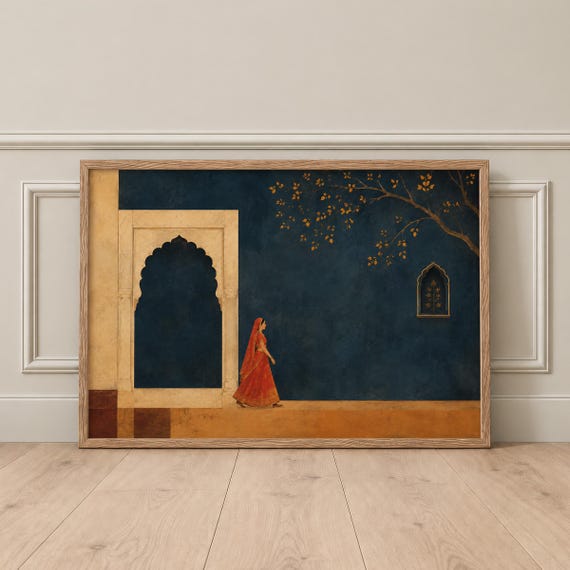 Rajasthani Woman Wall Art Print, Indigo Indian Palace Print, Mughal Arch Courtyard Artwork, Horizontal South Asian Decor, Landscape Poster
