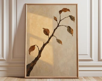 Japandi Botanical Wall Art Print, Autumn Leaf Branch in Warm Beige and Brown, Wabi Sabi Decor