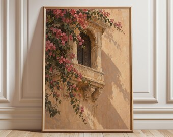 Lámina artística india para ventana, arte mural de buganvillas rosas, arquitectura inspirada en Rajastán, decoración floral cálida y neutra, póster de estilo vintage de la India.