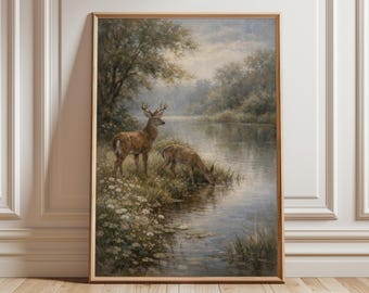 English Countryside Deer Print, Vintage Woodland River Art, Rustic Nature Wall Decor, Cottage Style Landscape Painting