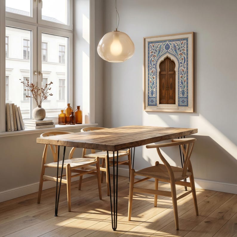 Puede incluir: Un comedor con una mesa de madera, patas de horquilla negras y cuatro sillas de madera. Una gran ventana deja entrar la luz natural. Una obra de arte enmarcada cuelga de la pared y una l&aacute;mpara colgante est&aacute; sobre la mesa. La mesa mide unos 150 cm de largo.