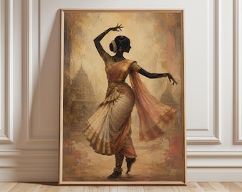 May include: A framed wall art print featuring a painting of a dancer in a traditional sari with gold accents. The figure is captured in a graceful pose against a muted, sepia-toned background depicting architectural silhouettes of ancient temples.