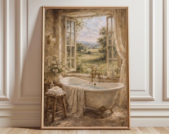 French Country Bathroom Wall Art Print, Vintage Bathtub Window View, Cottage Bathroom Decor, Romantic Neutral Wall Art, Spa Aesthetic