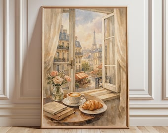 Paris Window View Print, Eiffel Tower Café Art, Cozy Parisian Wall Art, French Breakfast Scene, Romantic Travel Decor