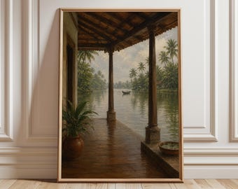 Kerala Backwaters Wall Art Print, Tropical Indian Landscape Poster, Veranda Palm Tree Canvas, Calm Spa Bedroom Decor