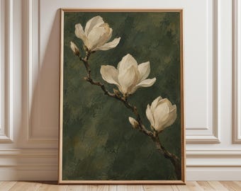 Magnolia Flower Art Print, Cream Blooms on Olive Green, Vintage Style Botanical Wall Art