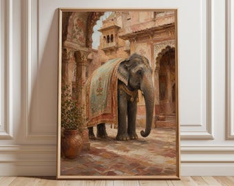 May include: Framed art print of an elephant in an Indian palace courtyard. The elephant is draped in a decorative cloth with gold accents. The artwork features warm, earthy tones and detailed architectural elements.