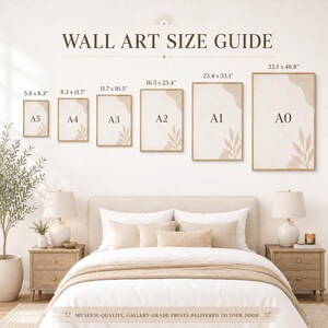 May include: A wall art size guide chart displaying six rectangular frames labeled A5 through A0 with dimensions in inches ranging from 5.8 by 8.3 to 33.1 by 46.8. Each frame contains a beige abstract botanical print with leaf illustrations.