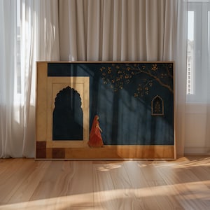 May include: A rectangular wall art print featuring a dark blue wall with a golden archway and a small window. A person wearing a vibrant orange garment walks across the foreground. A golden tree branch extends across the upper right section.