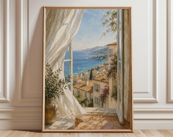French Riviera Window View Print, Coastal Wall Art, Mediterranean Summer Art, Côte d’Azur Poster, Blue Sea French Decor
