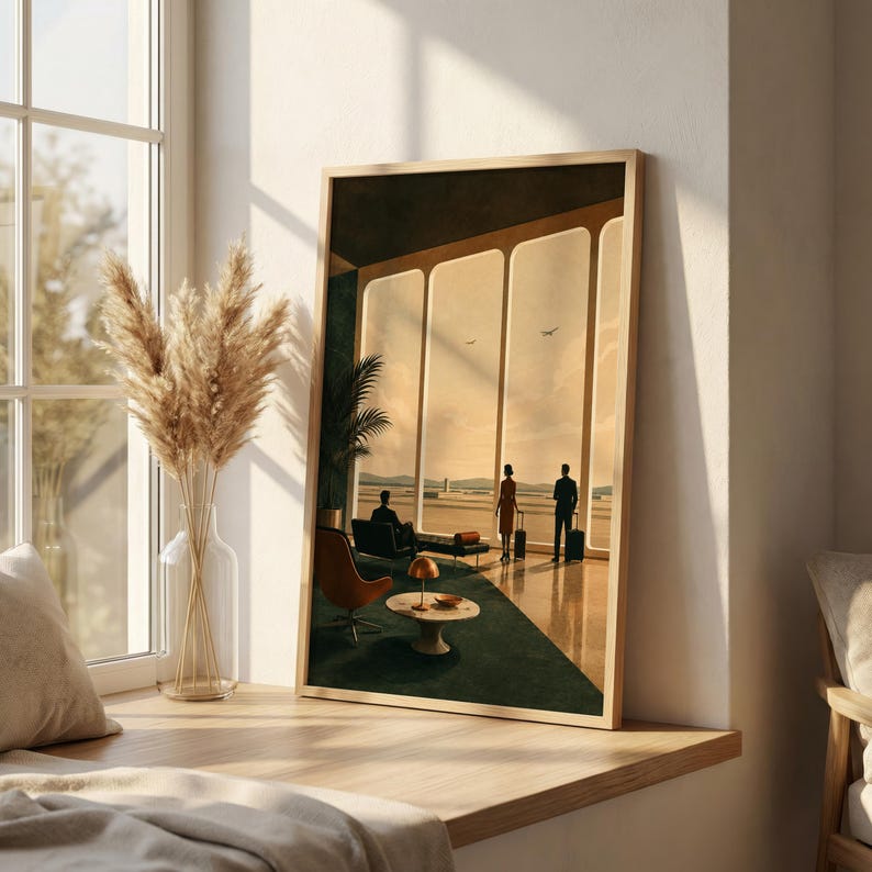 May include: A framed vertical art print depicting an airport lounge interior with large windows overlooking a runway. The scene features silhouettes of three figures, a brown lounge chair, a small round table, and a lamp, all in warm tones.