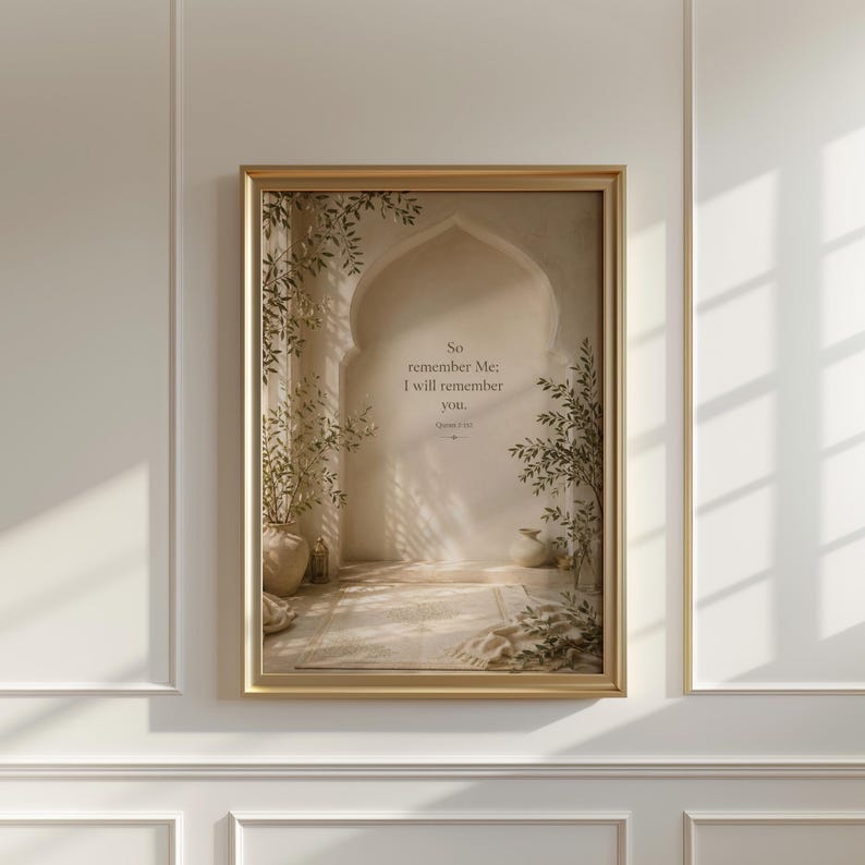 May include: A framed print featuring an arched doorway scene with plants and soft lighting. The text "So remember Me; I will remember you" is displayed in the center. The frame is gold.