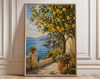 Mediterrane citroenboom kust kunst aan de muur, Amalfikust stijl print, Italiaanse kust landschap poster, zomerterras decor, citroenboom kunst