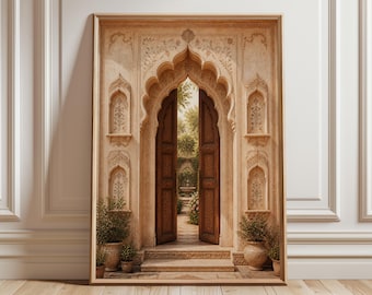Indian Garden Doorway Wall Art Print, Mughal Archway Poster, Rajasthani Courtyard Art, Indian Architecture Decor