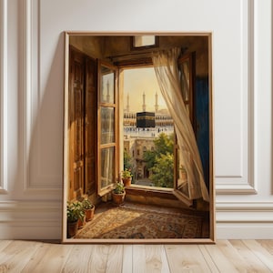 Quadro decorativo de Meca para parede | Vista da janela da Mesquita Sagrada (Masjid al-Haram) | Decoração islâmica para casa com a Caaba