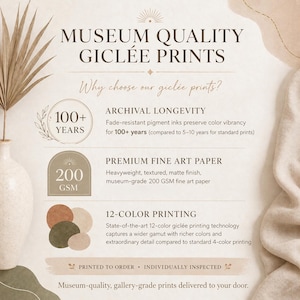 K&ouml;nnte beinhalten: Eine Infografik mit dem Titel MUSEUM QUALITY GICL&Eacute;E PRINTS. Sie beschreibt Merkmale wie Archivbest&auml;ndigkeit von &uuml;ber 100 Jahren, hochwertiges Fine-Art-Papier mit 200 GSM und 12-Farben-Drucktechnologie. Der Text enth&auml;lt gedruckt auf Bestellung.