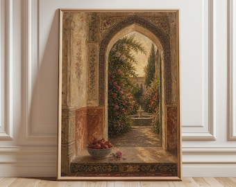 Persian Garden Wall Art Print, Shiraz Rose Courtyard Poster, Pomegranate Archway Decor, Persian Floral Landscape Artwork