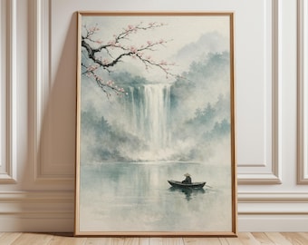 Quadro artístico japonês com cachoeira, paisagem zen com barco, cena de cachoeira envolta em névoa, estilo Sumi-E, decoração tranquila da natureza.
