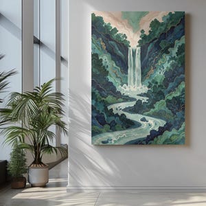 May include: A vertical art print depicts a waterfall cascading into a winding river. The artwork features shades of blue and green, with a touch of pink in the sky. The scene is surrounded by lush, stylized foliage.