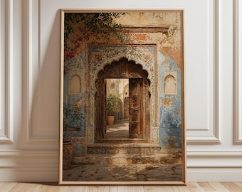 Rajasthani Haveli Doorway Wall Art, Indian Architecture Print, Blue Jaipur Arch, Vintage Palace Entrance Decor, Mughal Style Poster