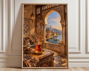 Turkish Tea Window Art Print – Mediterranean Coastal View, Middle Eastern Tile Window, Oriental Tea Illustration, Boho Travel Wall Decor