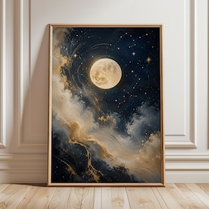 May include: A framed vertical wall art print featuring a full moon centered in a dark navy blue night sky. Swirling clouds in shades of cream, gold, and deep blue fill the lower portion of the composition, accented by scattered golden stars.