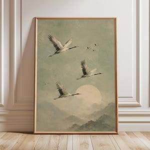 Japandi Crane Wall Art, Sage Green Bird Print, Minimal Japanese Crane Poster, Moon Landscape Art, Neutral Zen Wall Decor