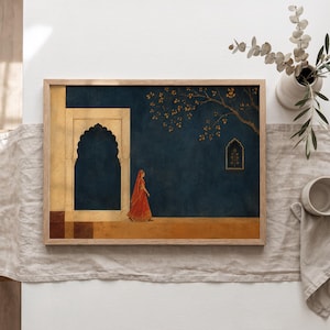 May include: A rectangular framed wall art print featuring a dark blue wall with a golden archway and a small window. A figure in a vibrant orange garment walks along a golden floor. A tree branch with golden leaves extends across the upper right side.