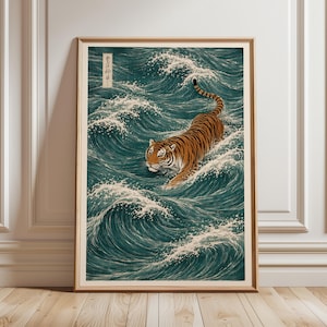 May include: Framed art print depicting a tiger swimming through turbulent teal waves. The tiger has orange and black stripes, with a focused expression. The artwork is in a traditional Japanese style, with a wooden frame.