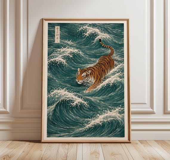 Japanese Tiger Swimming Print, Ukiyo-e Tiger Wall Art, Vintage Japanese Wave Poster, Minimalist Asian Animal Decor