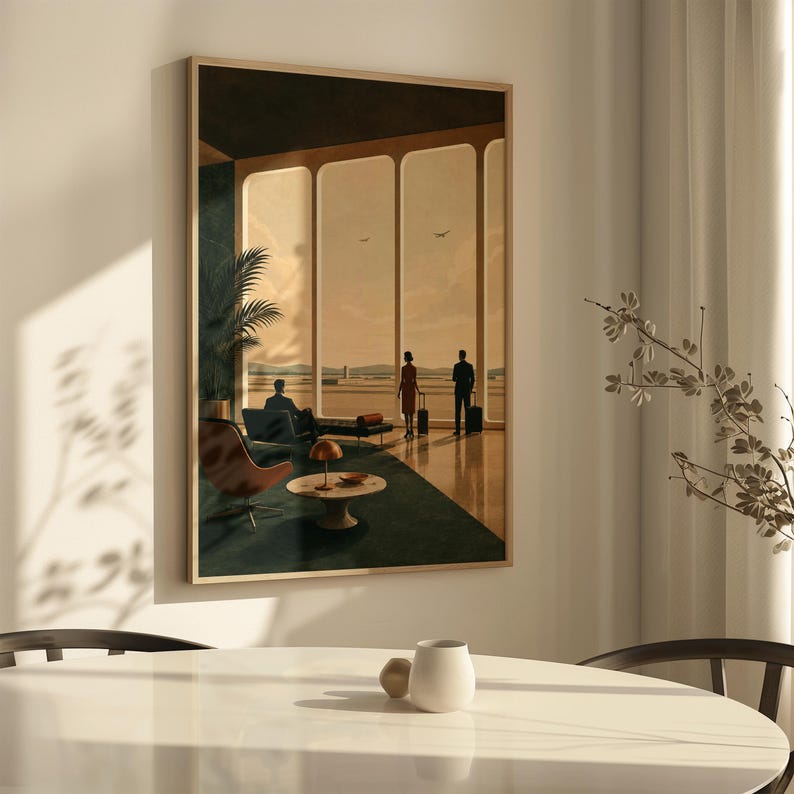 May include: A framed wall art print depicting a mid-century airport lounge scene with large windows, silhouettes of three people with luggage, a brown lounge chair, a round side table with a lamp, and a potted plant against a warm sunset sky.