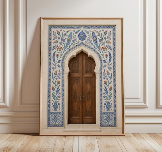 Blue Islamic Wall Art Print, Iznik Tile Doorway Poster, Turkish Floral Architecture, Ottoman Door Decor