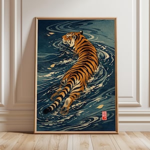 Japanese Tiger Swimming Print, Vintage Ukiyo-e Style Wall Art, Minimalist Animal Poster, Asian Inspired Tiger Decor