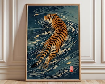 Japanese Tiger Swimming Print, Vintage Ukiyo-e Style Wall Art, Minimalist Animal Poster, Asian Inspired Tiger Decor