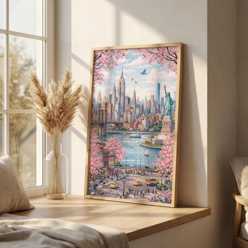 Op de afbeelding: Een ingelijste kunstdruk van New York City, met het Empire State Building, het Vrijheidsbeeld en de Brooklyn Bridge. Het kunstwerk is omgeven door roze kersenbloesem, met gele taxi's en boten op het water.