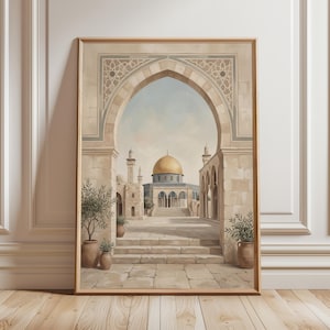 Al Aqsa Mosque Print, Islamic Arch Wall Art, Dome of the Rock Poster, Neutral Muslim Decor, Palestinian Architecture Art